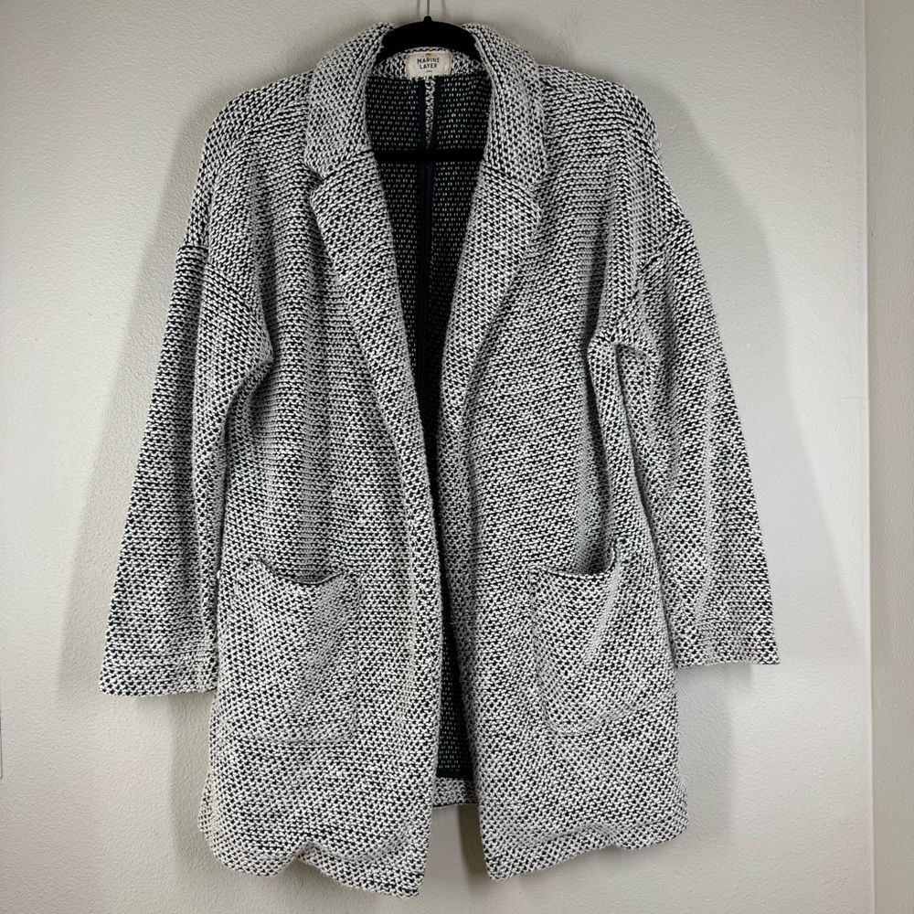 Marine Layer Birdseye Cardigan Sweater Black White Textured Open Front Large